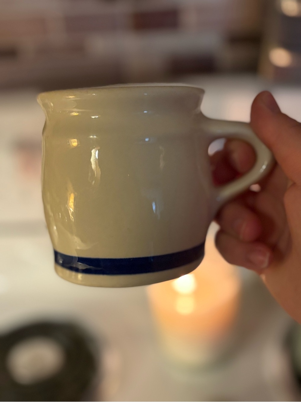 Hartstone Vintage 1978 Pottery Crock Style Stoneware Mug Cream Blue Band Pattern